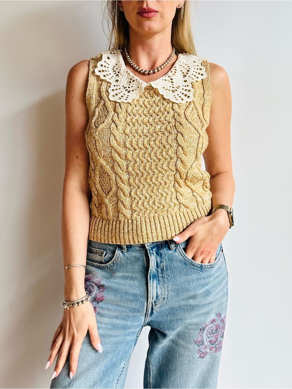 Anthropologie Cable Knit Lace Peter Pan Collar Boho Sleeveless Sweater Top